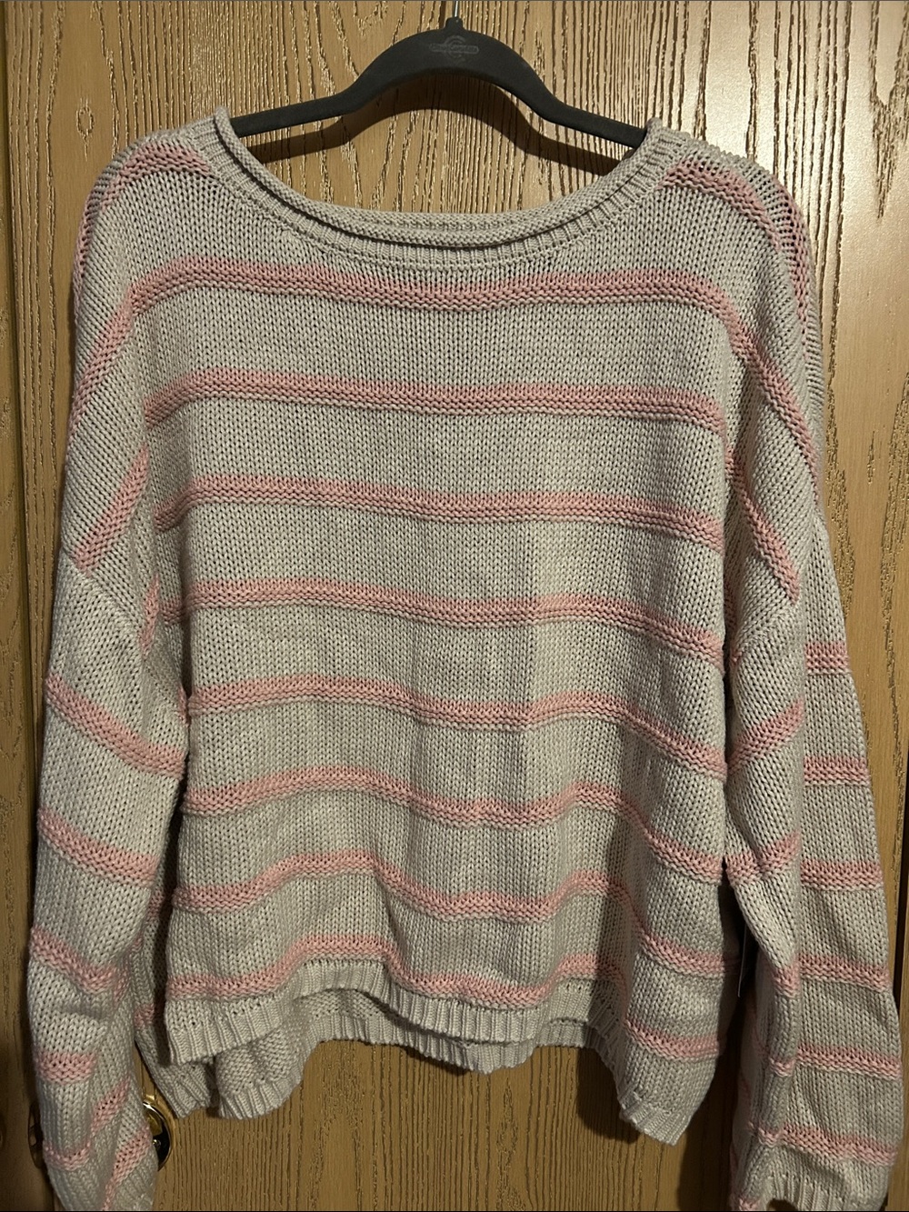 Light brown Crewneck Sweater with Soft Pink Stripes
